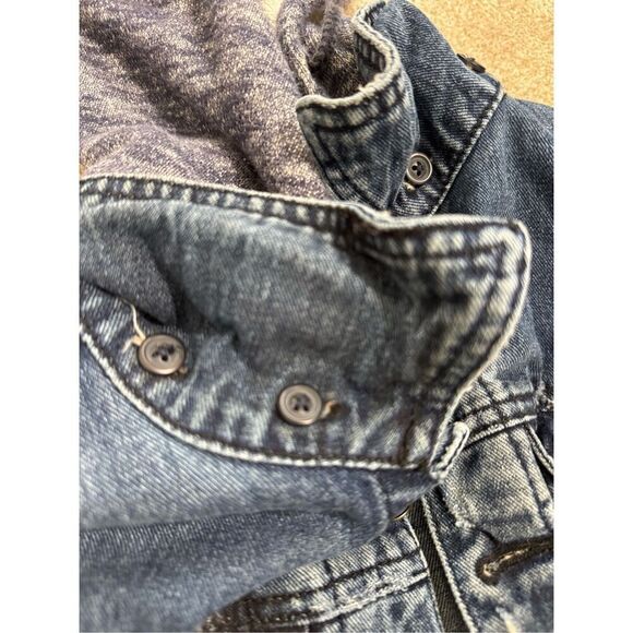 Free People Distressed Denim Jacket with Knit Sleeves & Hood Women's Size Small - Picture 8 of 11